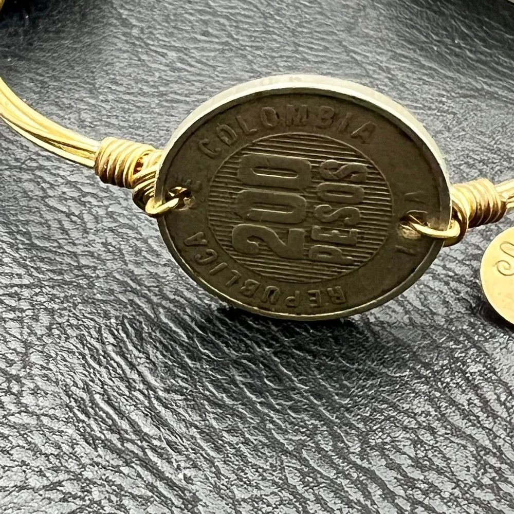 World Coin Wire Wrapped Bangle Bracelet Gold Tone International Currency Vtg 90s